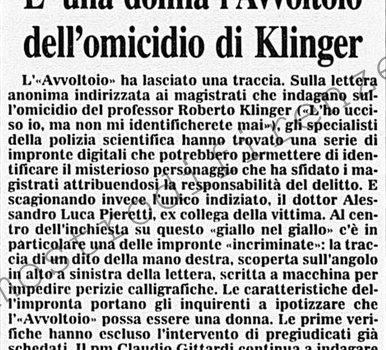 <b>27 Agosto 1995 Stampa: Corriere della Sera – E’ una donna l’avvoltoio dell’omicidio di Klinger</b>