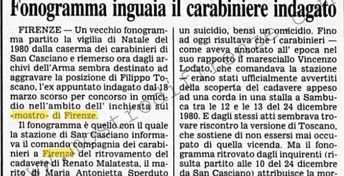 <b>11 Aprile 1996 Stampa: Corriere della Sera – Fonogramma inguaia il carabiniere indagato</b>