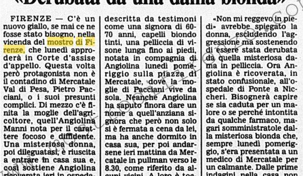 <b>24 Gennaio 1996 Stampa: Corriere della Sera – La moglie di Pacciani in ospedale “Derubata da una dama bionda”</b>