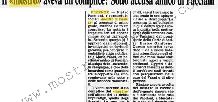 <b>26 Gennaio 1996 Stampa: Corriere della Sera – Il “mostro” aveva un complice? Sotto accusa amico di Pacciani</b>