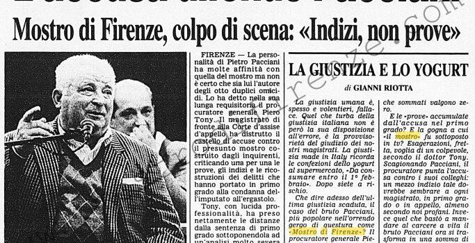 <b>6 Febbraio 1996 Stampa: Corriere della Sera – L’accusa difende Pacciani – La giustizia e lo yogurt – “Pacciani condannato senza prove” – Vigna maschera l’ira: non mi convince</b>