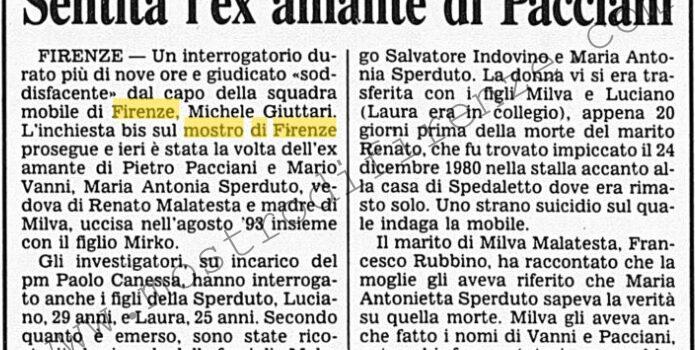 <b>9 Marzo 1996 Stampa: Corriere della Sera – Sentita l’ex amante di Pacciani</b>