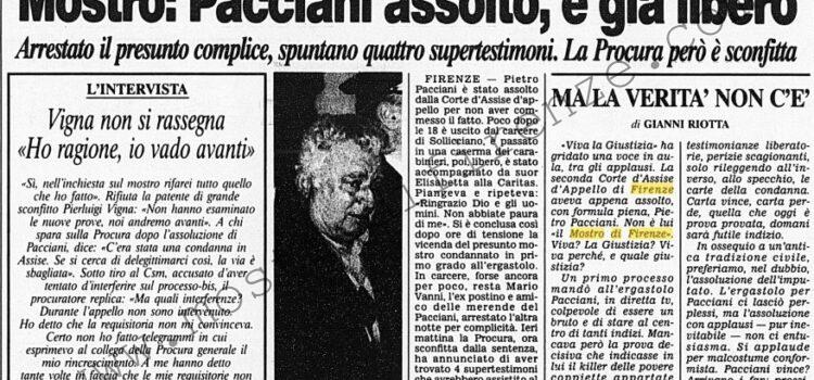<b>14 Febbraio 1996 Stampa: Corriere della Sera – Mostro: Pacciani assolto, è già libero – Pacciani libero: non abbiate paura di me – Ora è tiro al bersaglio su Vigna sconfitto</b>