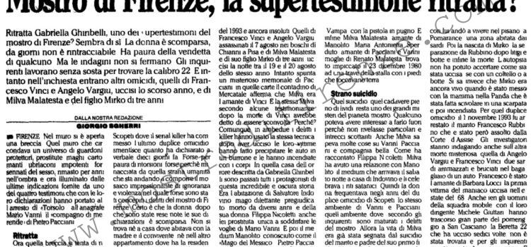 <b>19 Febbraio 1996 Stampa: L’Unità – Mostro di Firenze, la supertestimone ritratta?</b>