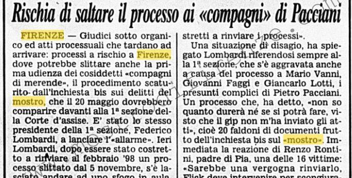 <b>3 Aprile 1997 Stampa: Corriere della Sera – Rischia di saltare il processo ai “compagni” di Pacciani</b>