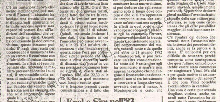 <b>15 Settembre 1983 Stampa: La Nazione – Si indaga sull’ora del delitto Il mostro ha fatto un “errore”?</b>