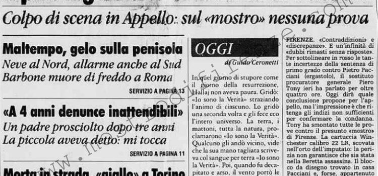 <b>6 Febbraio 1996 Stampa: La Stampa – Il pm: ingiusta la condanna di Pacciani – “Nessuna prova su Pacciani”</b>