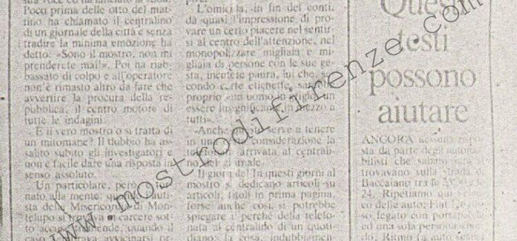 <b>26 Giugno 1982 Stampa: Paese Sera – Il mostro telefona e lancia la sfida agli investigatori</b>